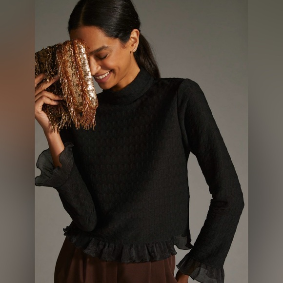 Anthropologie Blue Tassel Ruffled Turtleneck Pullover size Medium NWOT - Picture 1 of 14
